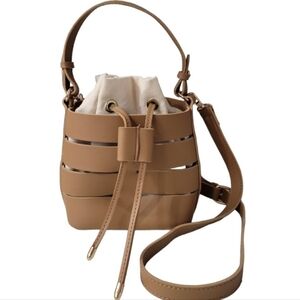 Vessa Caged Camel Crossbody Bucket Bag Natural Canvas Liner